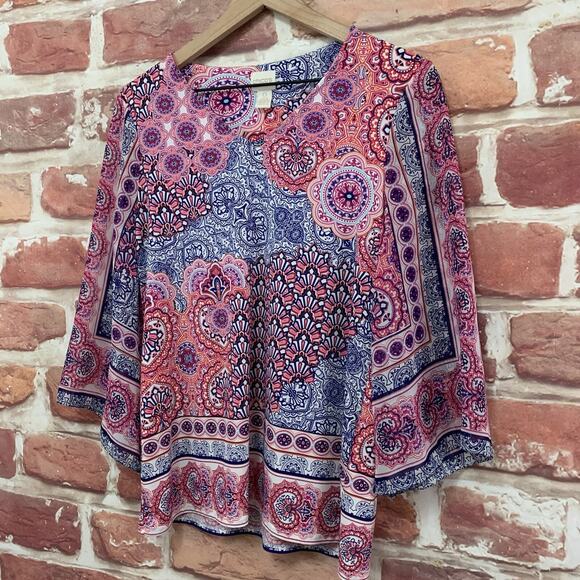 Chicos Top Shirt Womens S Multicolor Boho Floral Mandala Abstract Casual Popover - Picture 3 of 8